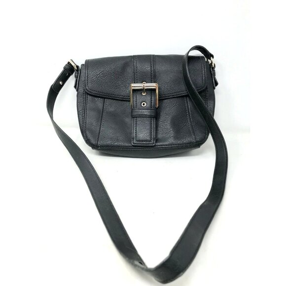LIZ CLAIBORNE Black Faux Leather Crossbody Bag w Large Front Buckle - Picture 2 of 12